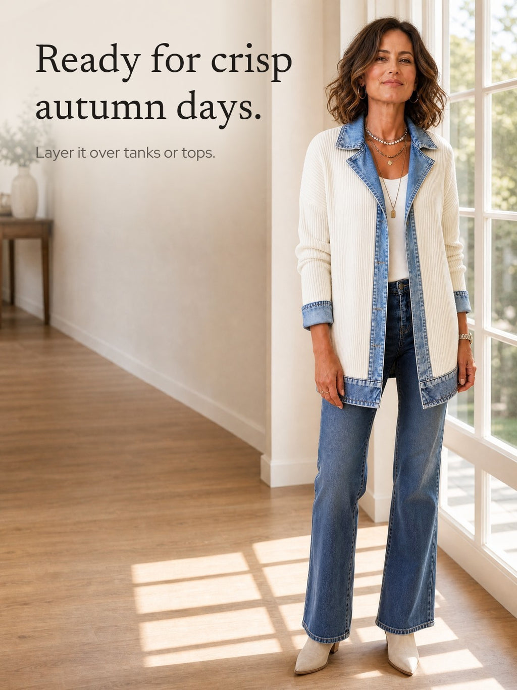 Valeria | Longline Ribbed Knit Coat with Denim Panels