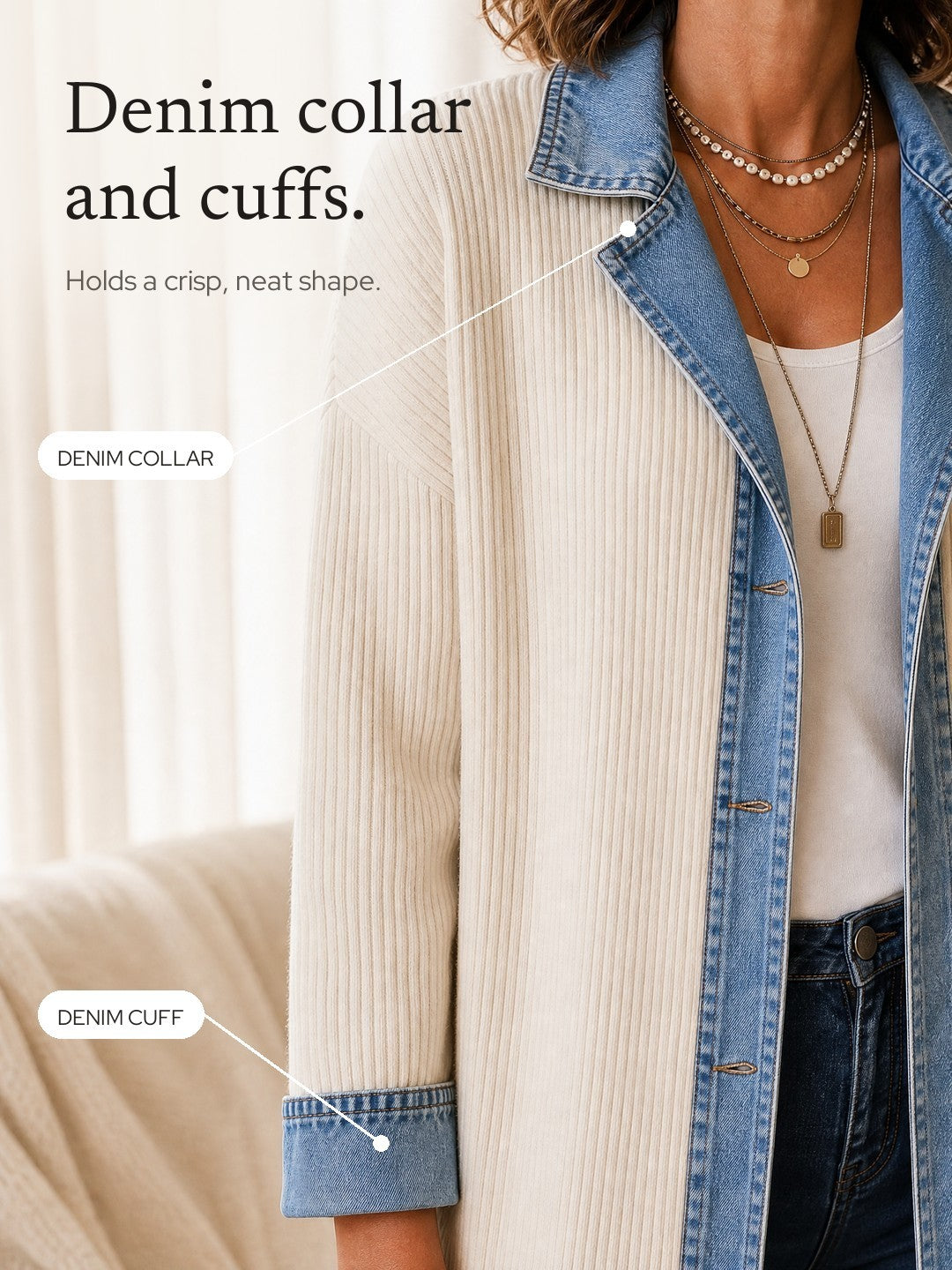 Valeria | Longline Ribbed Knit Coat with Denim Panels