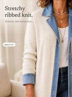 Valeria | Longline Ribbed Knit Coat with Denim Panels