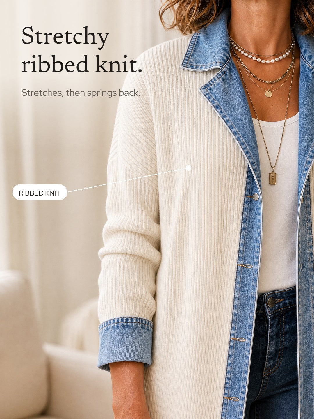 Valeria | Longline Ribbed Knit Coat with Denim Panels