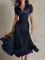 Verity | Striped Satin Pleated Midi Dress