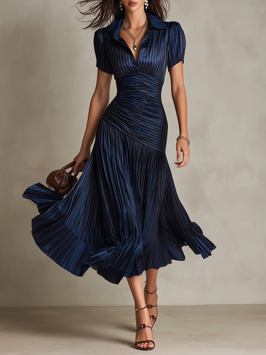 Verity | Striped Satin Pleated Midi Dress