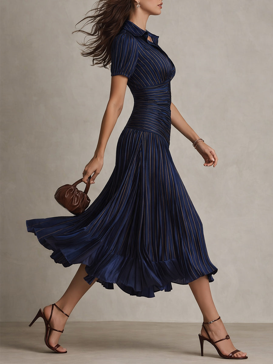 Verity | Striped Satin Pleated Midi Dress