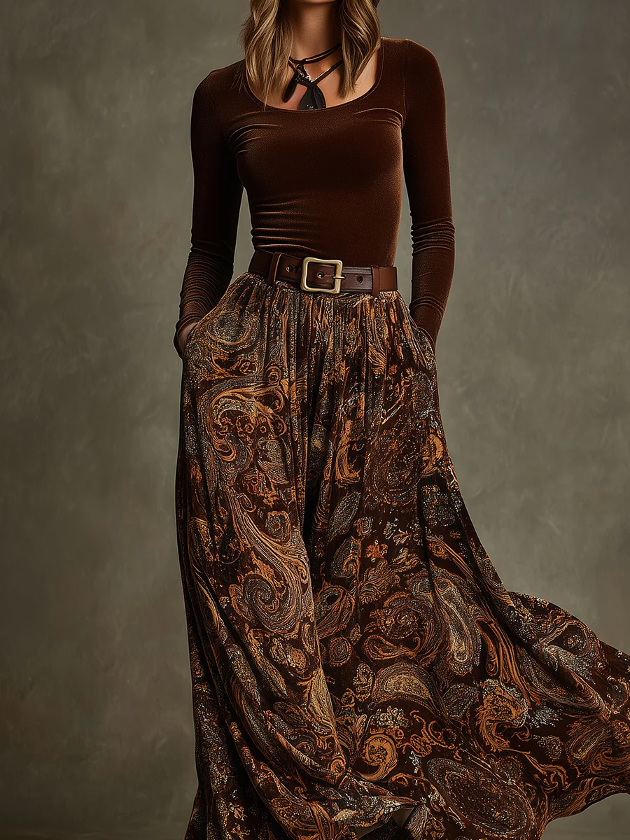 Viola | Velvet Top and Paisley Maxi Skirt Set
