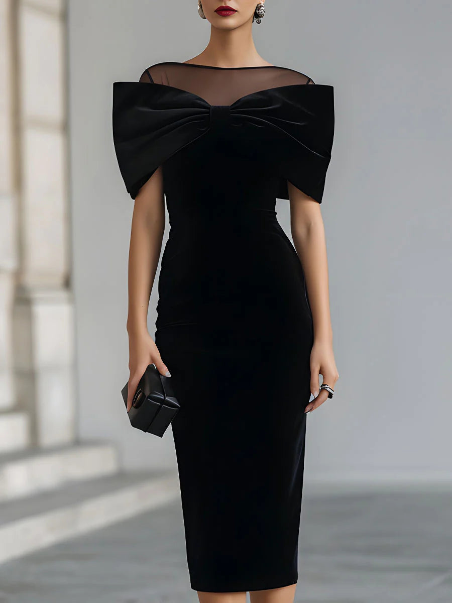 Wilma | Boat Neck Velvet Bow Midi Dress