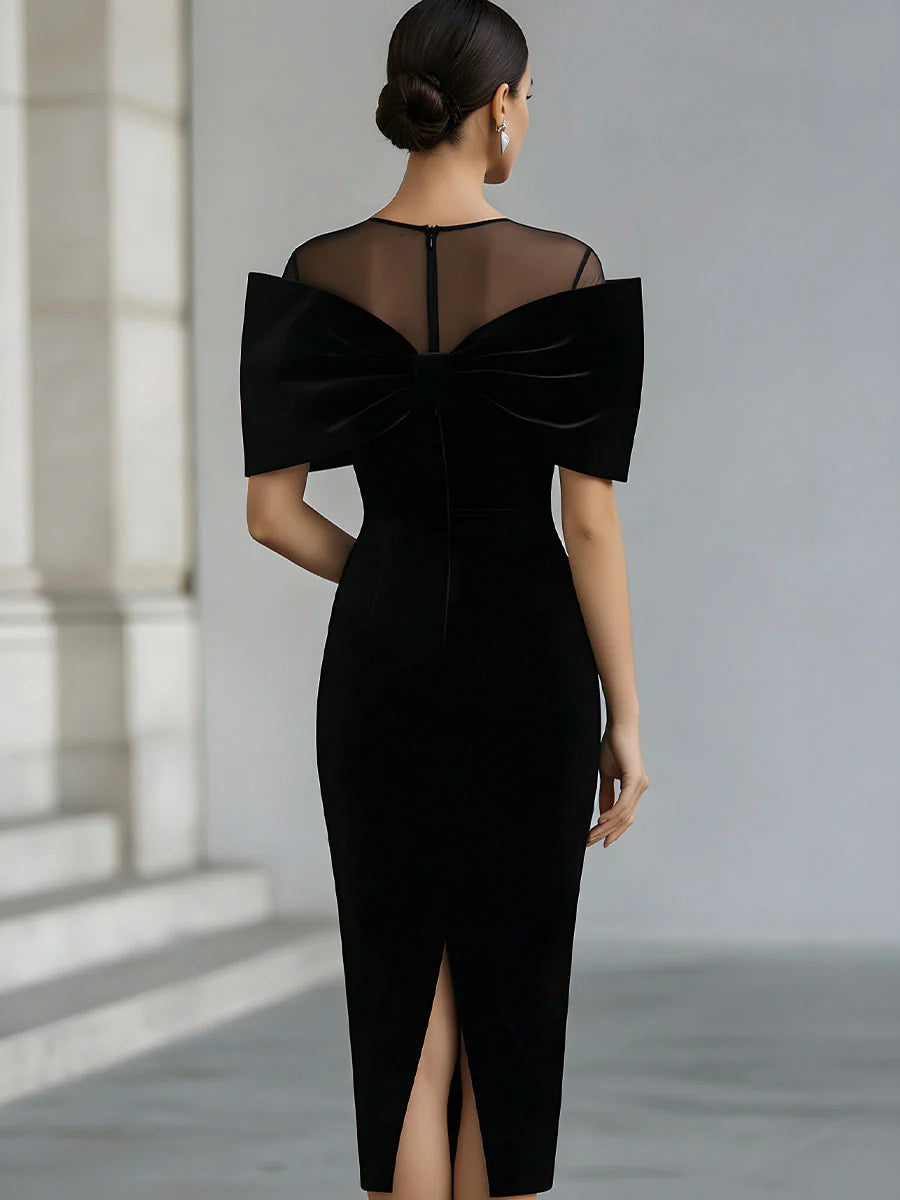 Wilma | Boat Neck Velvet Bow Midi Dress