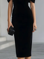 Wilma | Boat Neck Velvet Bow Midi Dress