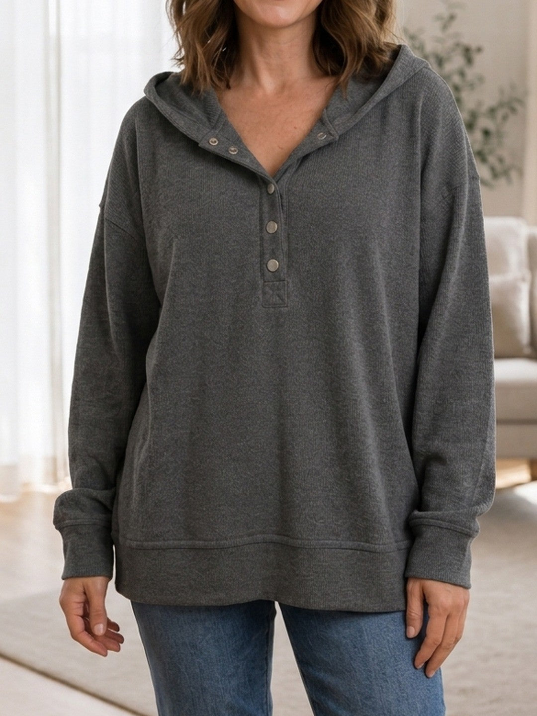 Yara | Waffle Knit Button Henley Hoodie