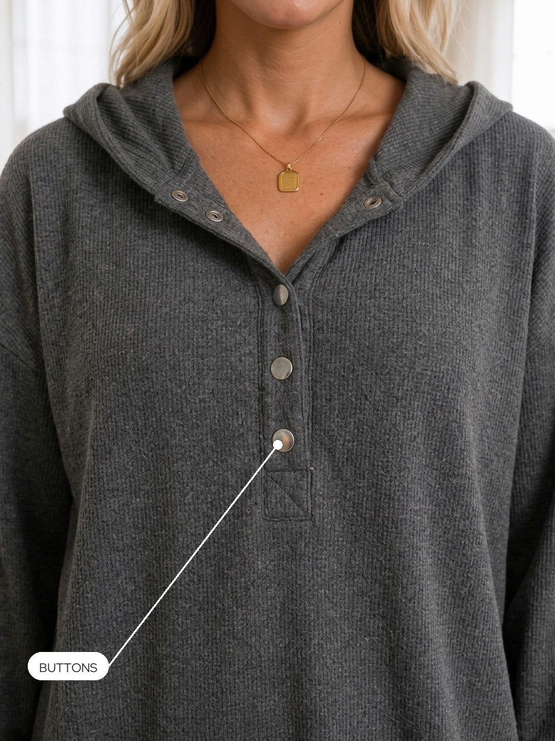 Yara | Waffle Knit Button Henley Hoodie
